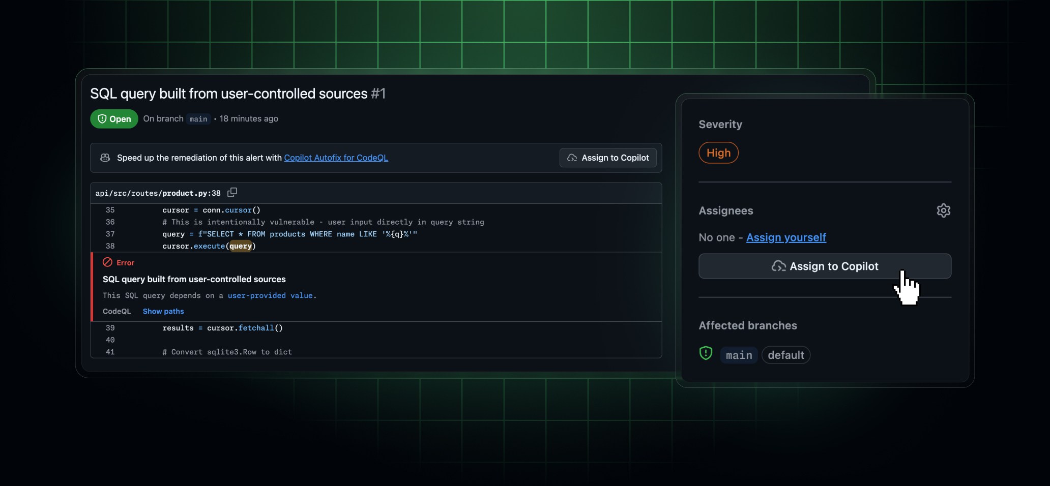 Capture officielle GitHub montrant l’affectation d’une alerte de sécurité à Copilot Autofix.