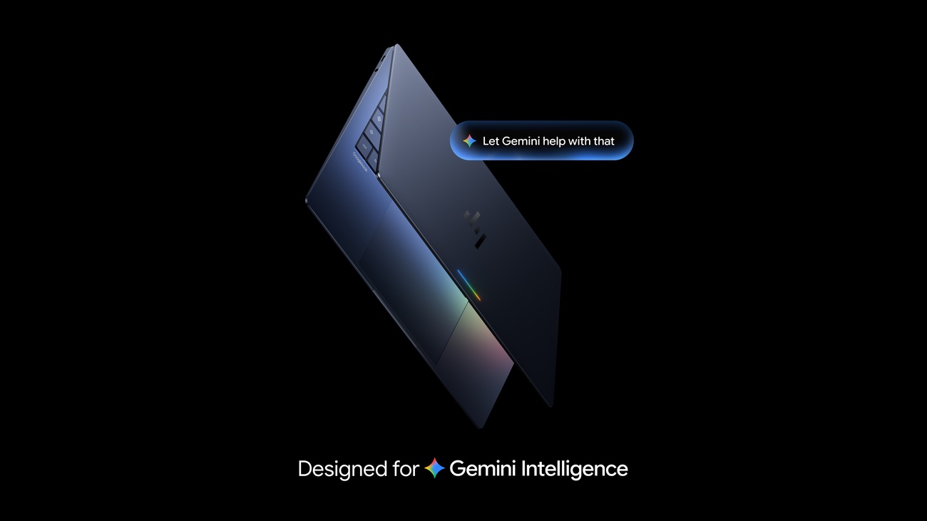 Visuel officiel d’un Googlebook HP, présenté avec Gemini Intelligence.